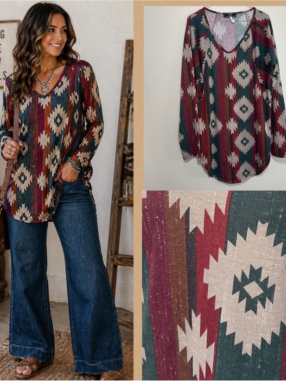 L&B Aztec Southwestern‎ Tunic Top Med Oversized Boho Western Boutique Rustic USA